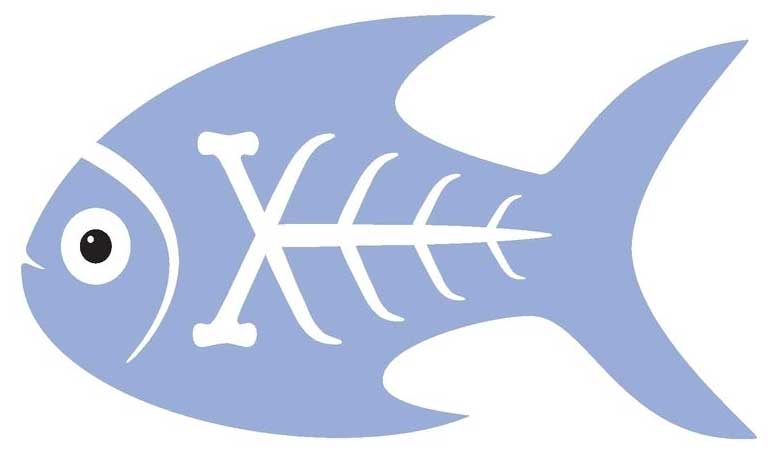 The graphic of a light blue fish with white fish bones